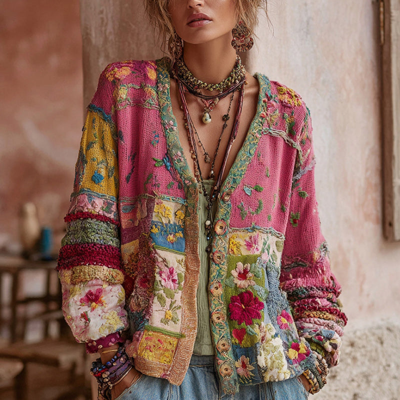 Cardigan Femme Patchwork Floral Col V Style Bohème Vintage