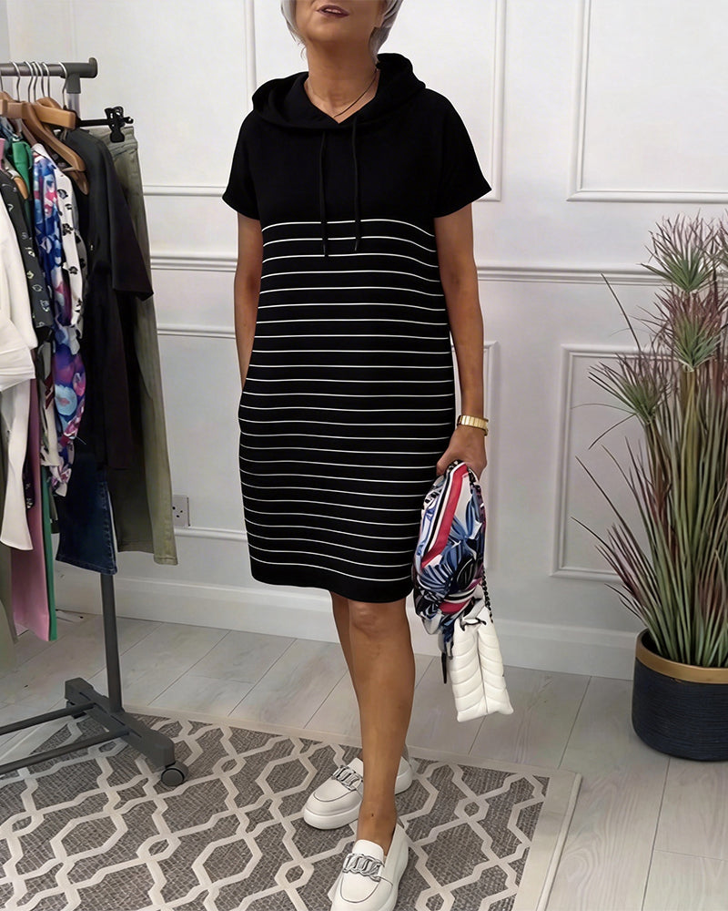 Robe Femme Décontractée à Capuche Rayée Manches Courtes Coupe Droite