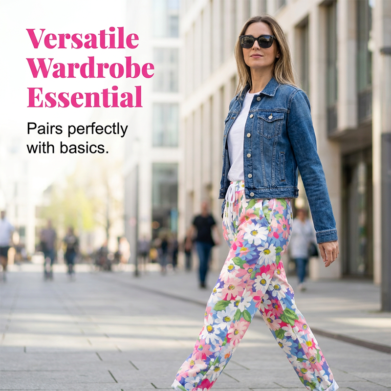 Pantalon femme fleuri avec taille ajustable et poches pratiques