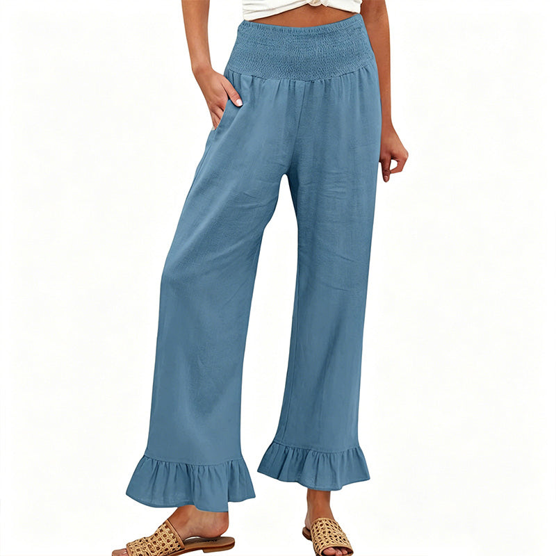 Pantalon Large Femme Taille Smock Coton Lin Volant Bas Boho