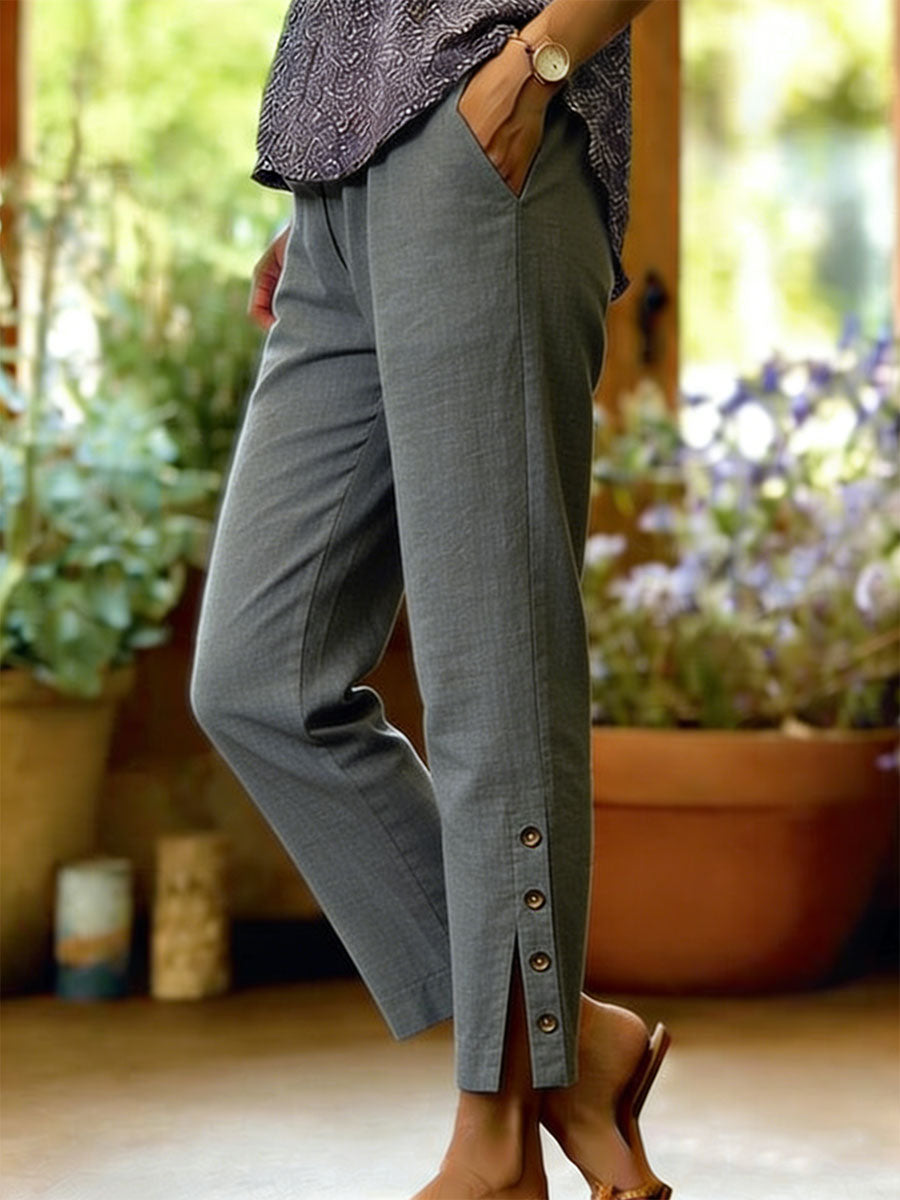 Pantalon Femme Coton Lin Coupe Décontractée Fente Boutonnée Élégante