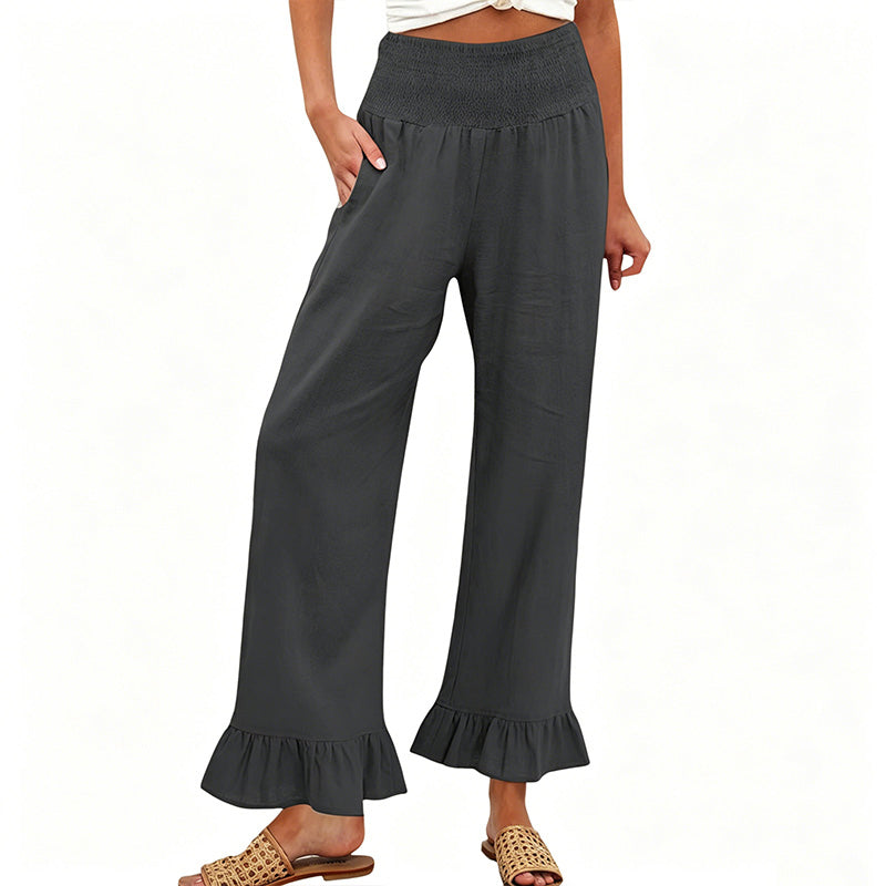 Pantalon Large Femme Taille Smock Coton Lin Volant Bas Boho