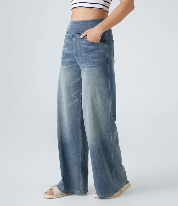 Jean Femme Taille Haute Jambe Large Denim Extensible Coupe Moderne