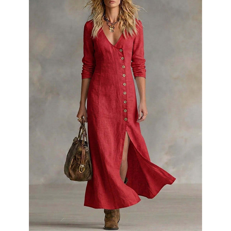 Robe Chemise Vintage Élégante à Manches Longues Midi