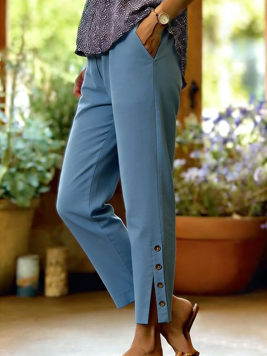Pantalon Femme Coton Lin Coupe Décontractée Fente Boutonnée Élégante