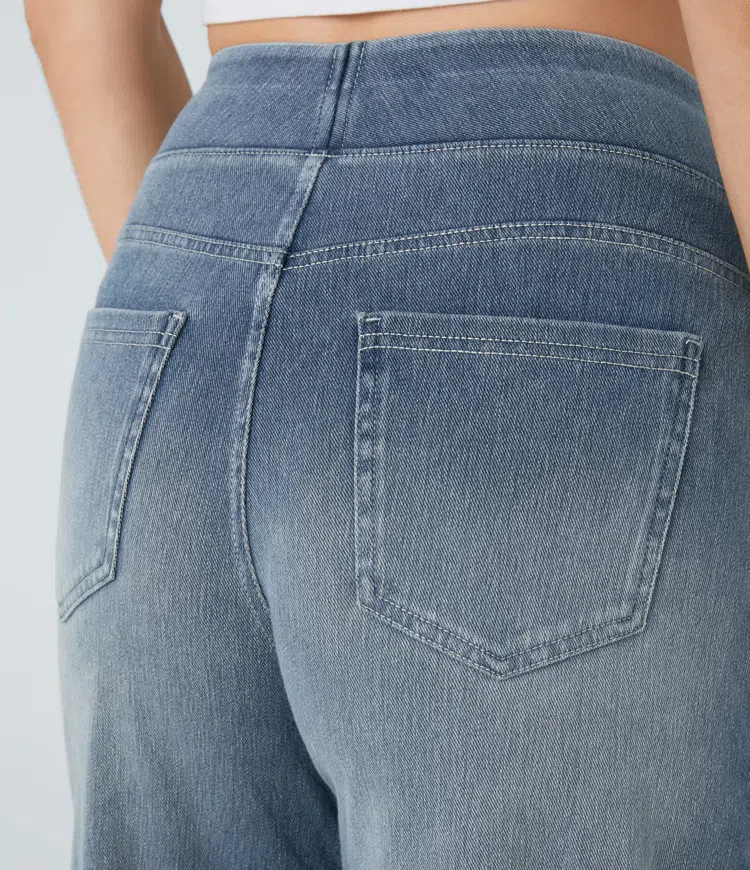 Jean Femme Taille Haute Jambe Large Denim Extensible Coupe Moderne