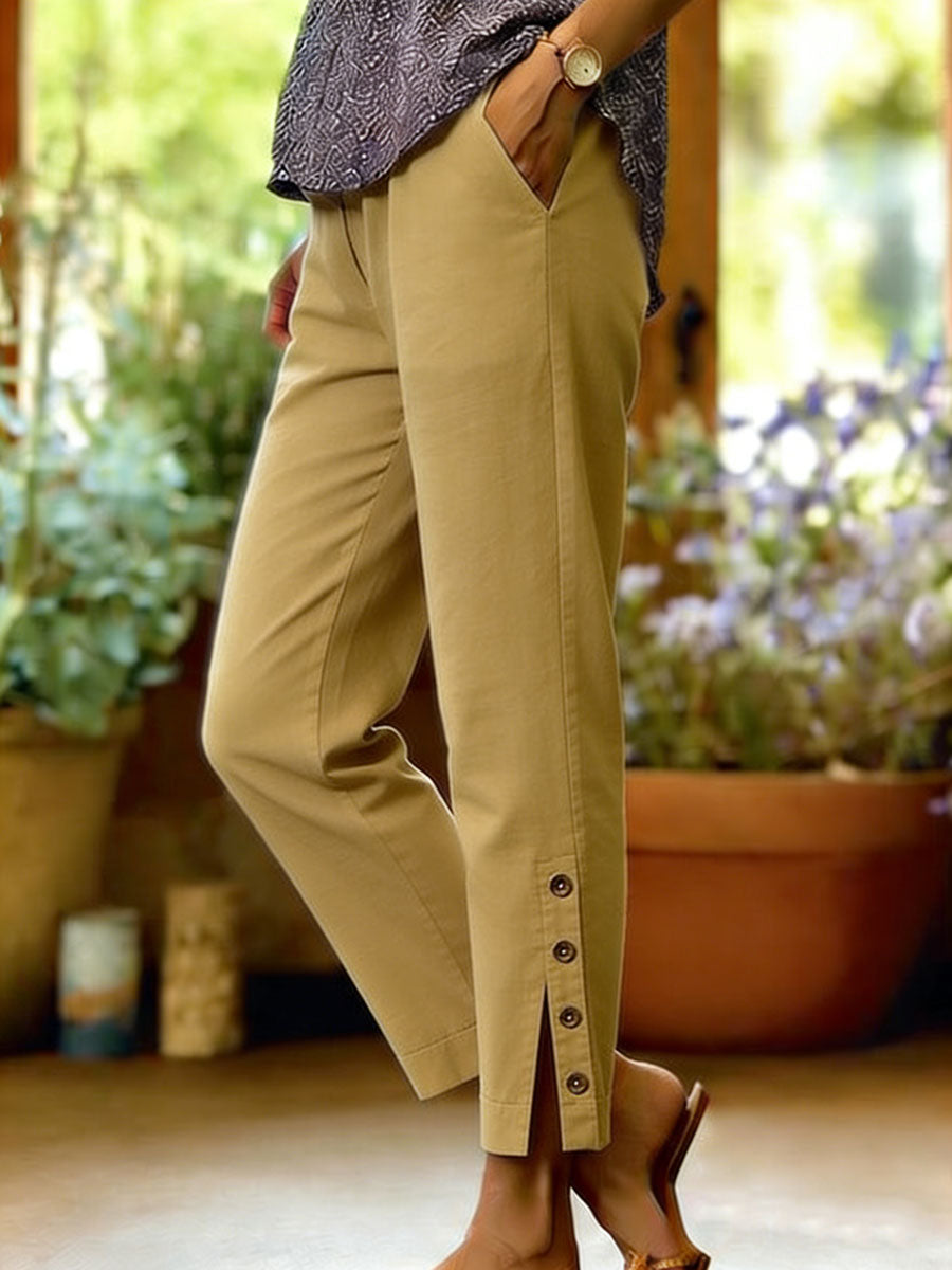 Pantalon Femme Coton Lin Coupe Décontractée Fente Boutonnée Élégante
