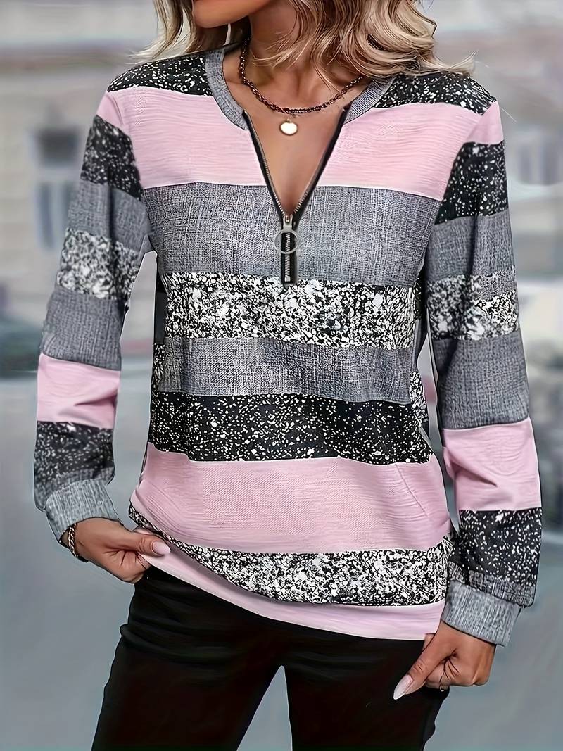 Pull rayé à col zippé pour femme confortable et décontracté