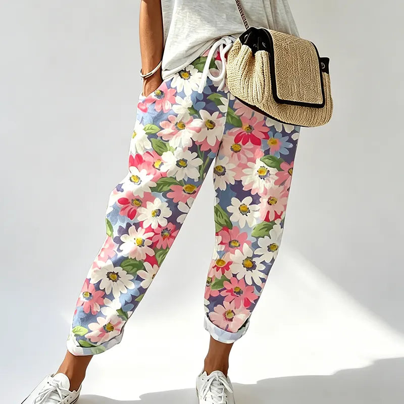 Pantalon femme fleuri avec taille ajustable et poches pratiques