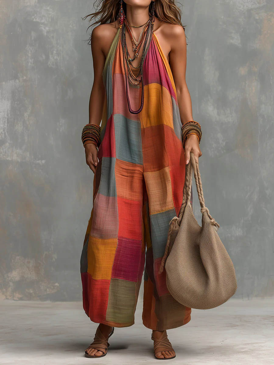 Combinaison Femme Patchwork Ample Coton Lin Style Bohème