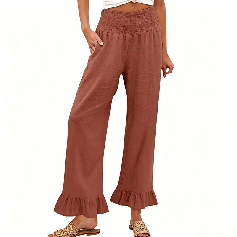 Pantalon Large Femme Taille Smock Coton Lin Volant Bas Boho