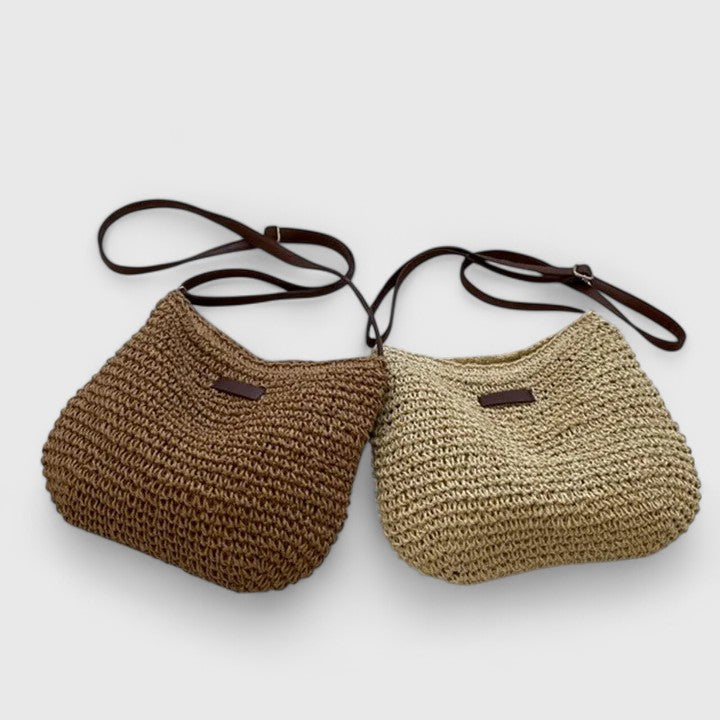 Sac à Main Femme Raphia Tressé Demi-Lune Bandoulière Cuir Boho