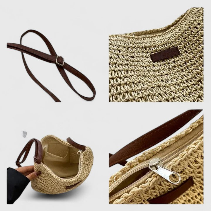 Sac à Main Femme Raphia Tressé Demi-Lune Bandoulière Cuir Boho