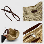 Sac à Main Femme Raphia Tressé Demi-Lune Bandoulière Cuir Boho