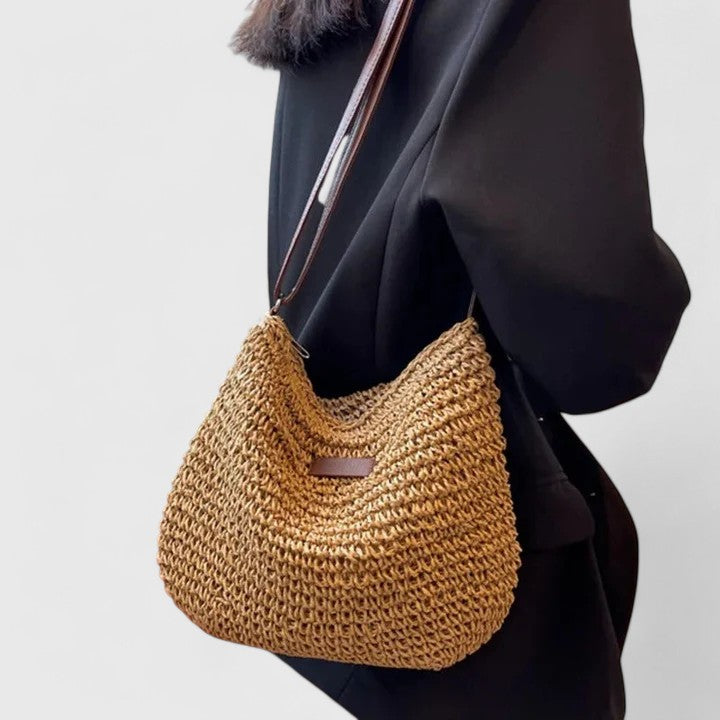 Sac à Main Femme Raphia Tressé Demi-Lune Bandoulière Cuir Boho