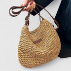 Sac à Main Femme Raphia Tressé Demi-Lune Bandoulière Cuir Boho