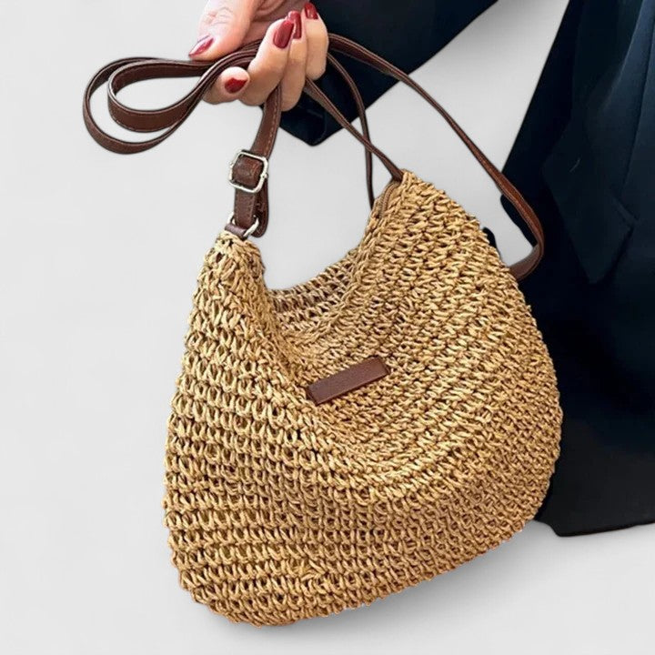 Sac à Main Femme Raphia Tressé Demi-Lune Bandoulière Cuir Boho
