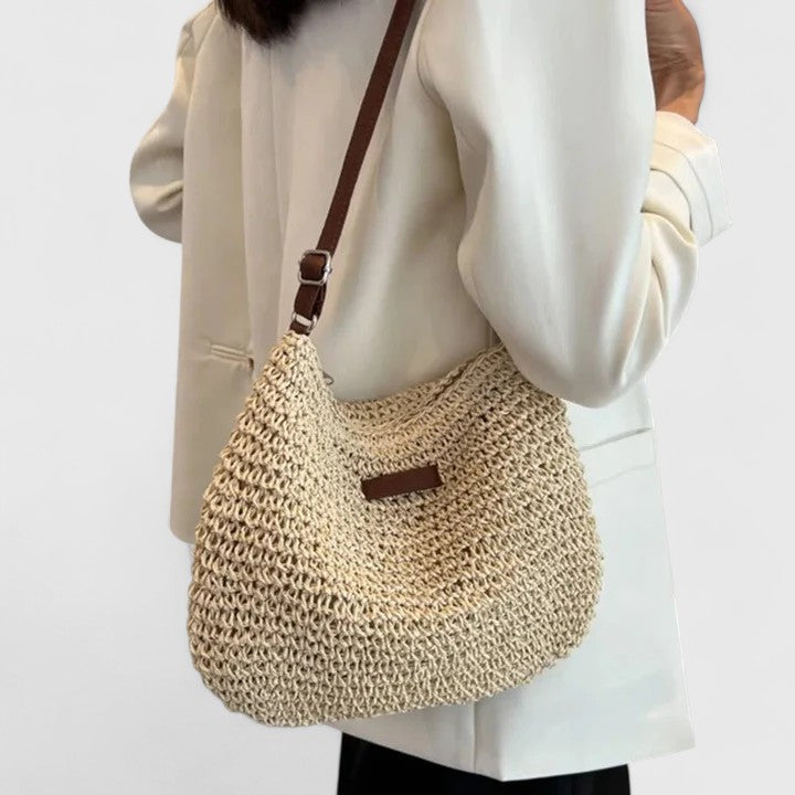 Sac à Main Femme Raphia Tressé Demi-Lune Bandoulière Cuir Boho
