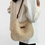 Sac à Main Femme Raphia Tressé Demi-Lune Bandoulière Cuir Boho
