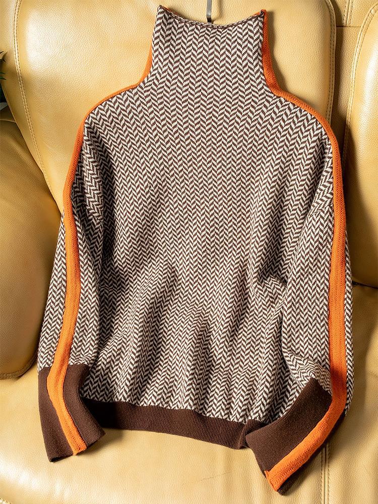 Pull rayé à col montant pour femme chaud et moderne