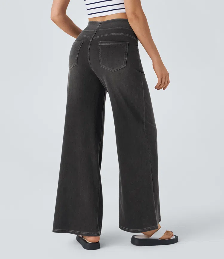 Jean Femme Taille Haute Jambe Large Denim Extensible Coupe Moderne