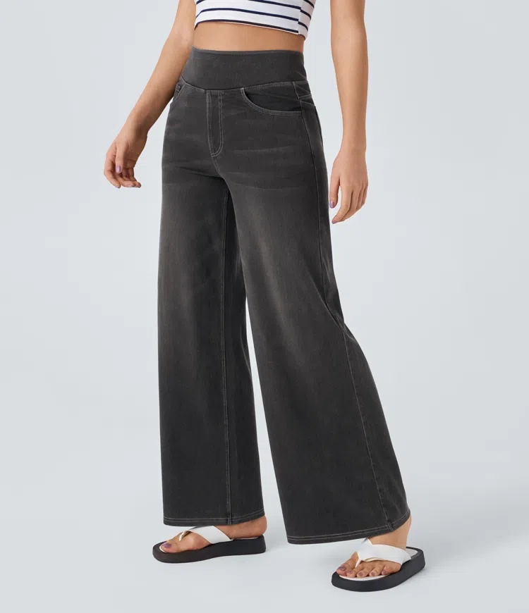 Jean Femme Taille Haute Jambe Large Denim Extensible Coupe Moderne