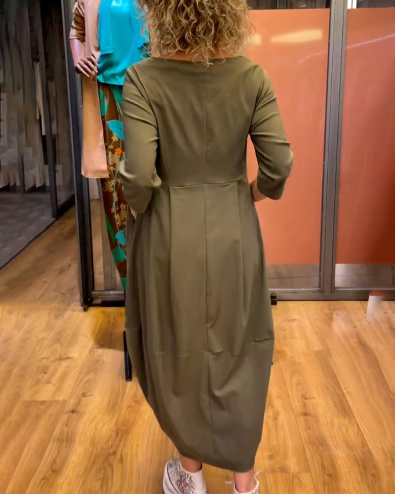 Robe femme manches 3/4 à col rond – Élégance amincissante et confort automnal