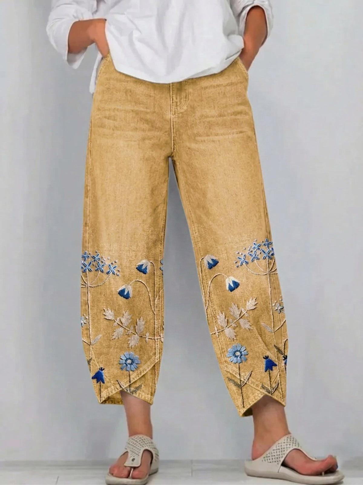 Pantalon Denim Femme Broderies Florales Bas Jambe Coupe Droite Boho