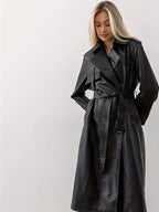 Trench-coat Long Femme Effet Cuir Ceinturé Coupe Élégante Mi-Saison