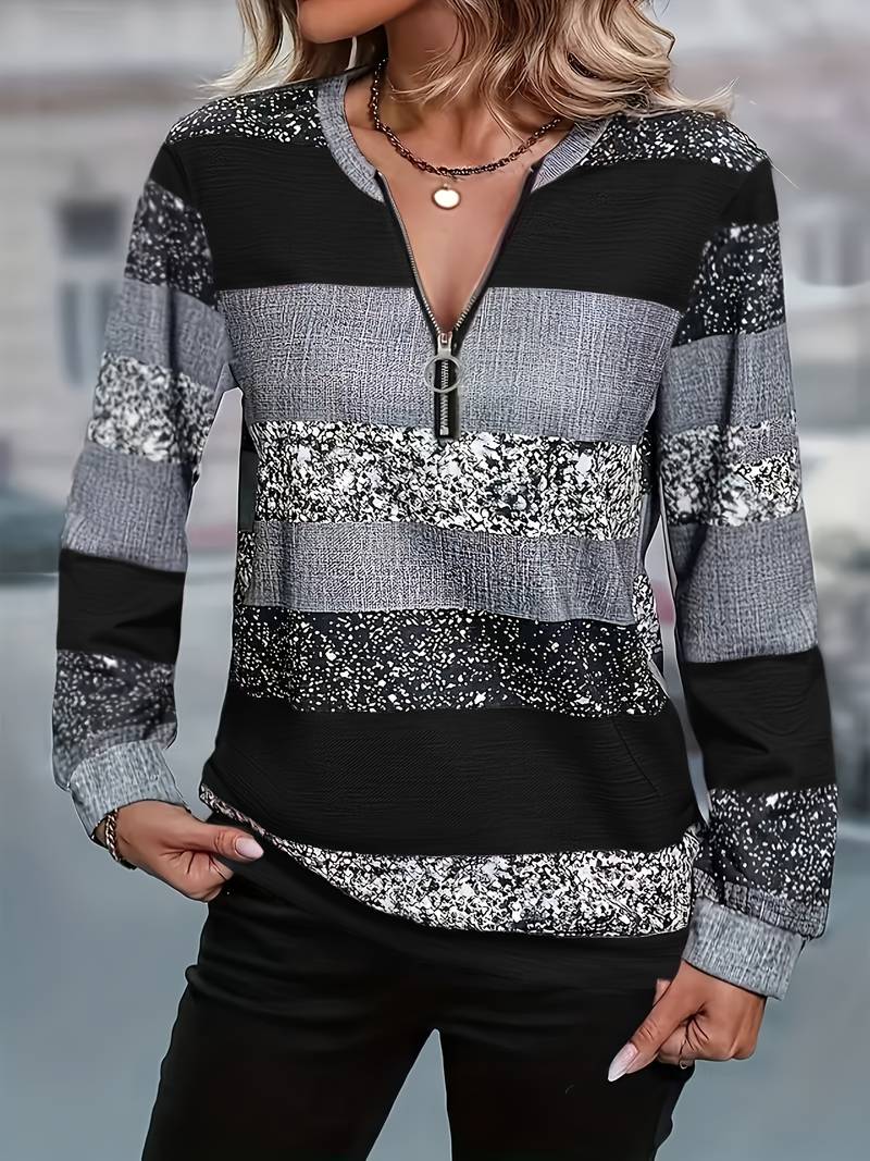 Pull rayé à col zippé pour femme confortable et décontracté