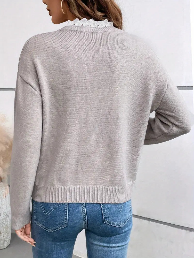 Pull Femme Élégant Col Dentelle – Décolleté V Chic
