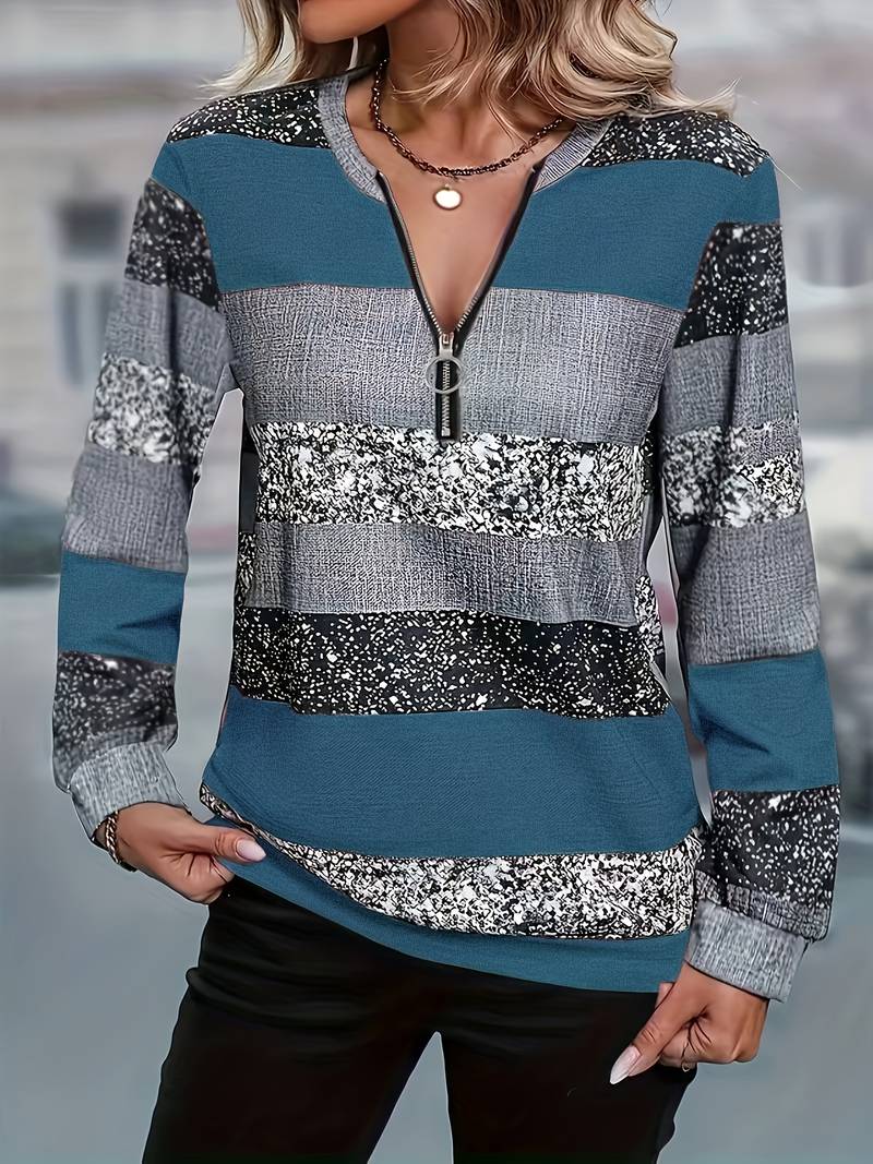 Pull rayé à col zippé pour femme confortable et décontracté