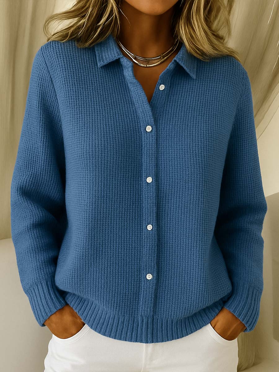 Cardigan femme ajusté à col chemise – coton extensible, style chic et confort mi-saison