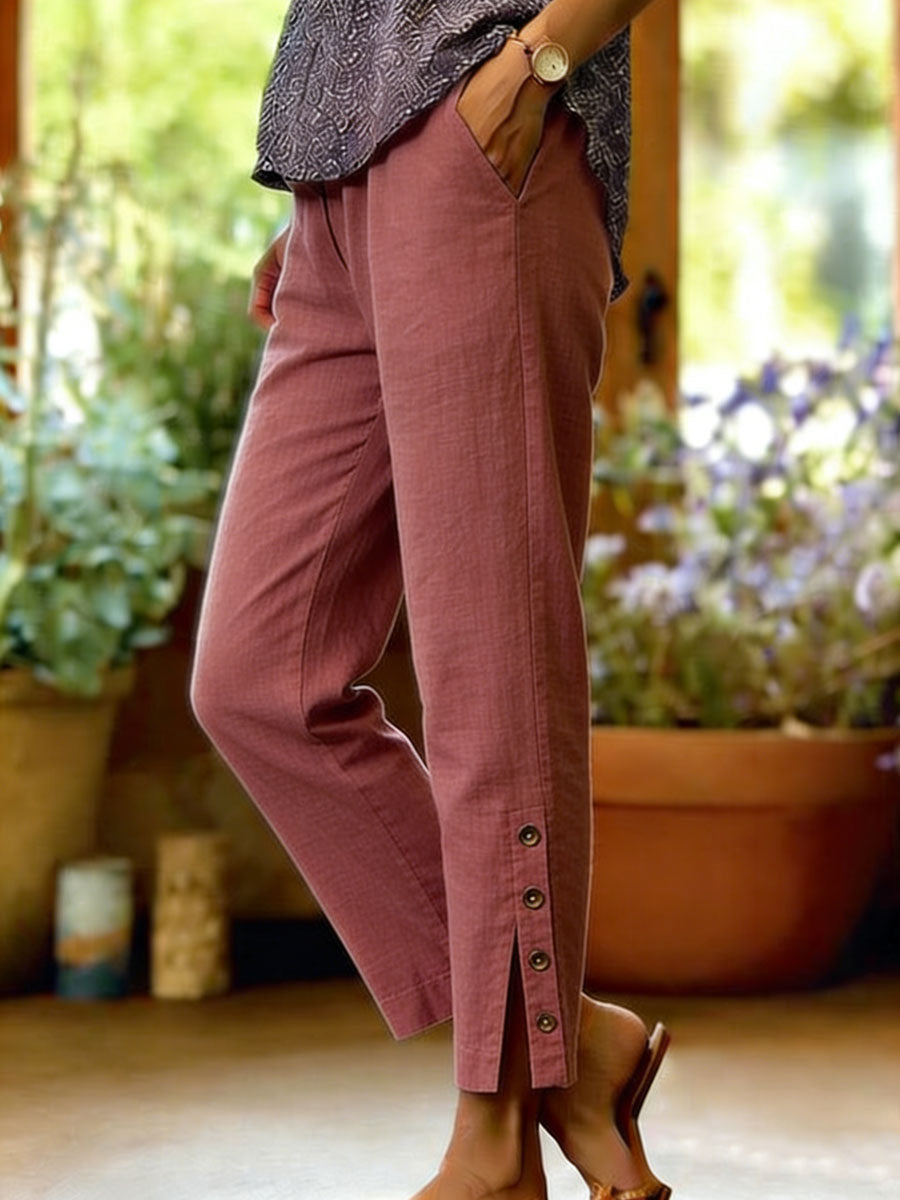 Pantalon Femme Coton Lin Coupe Décontractée Fente Boutonnée Élégante