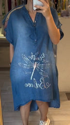 Robe Femme Jean Coupe Ample Col V Boutons Style Décontracté Quotidien