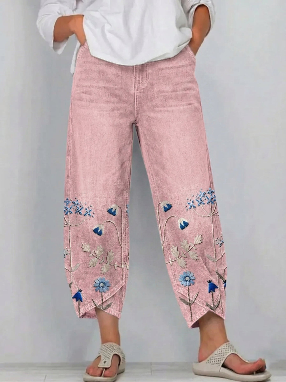 Pantalon Denim Femme Broderies Florales Bas Jambe Coupe Droite Boho