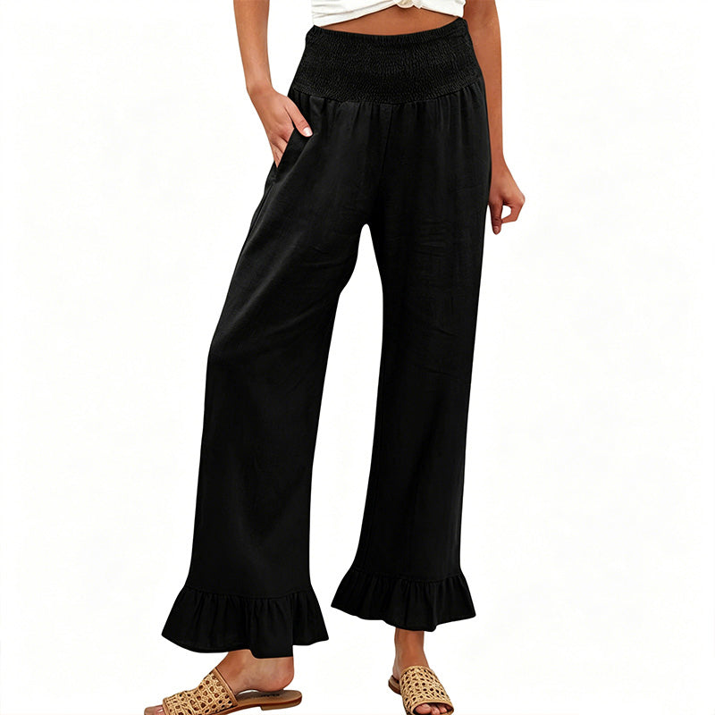Pantalon Large Femme Taille Smock Coton Lin Volant Bas Boho