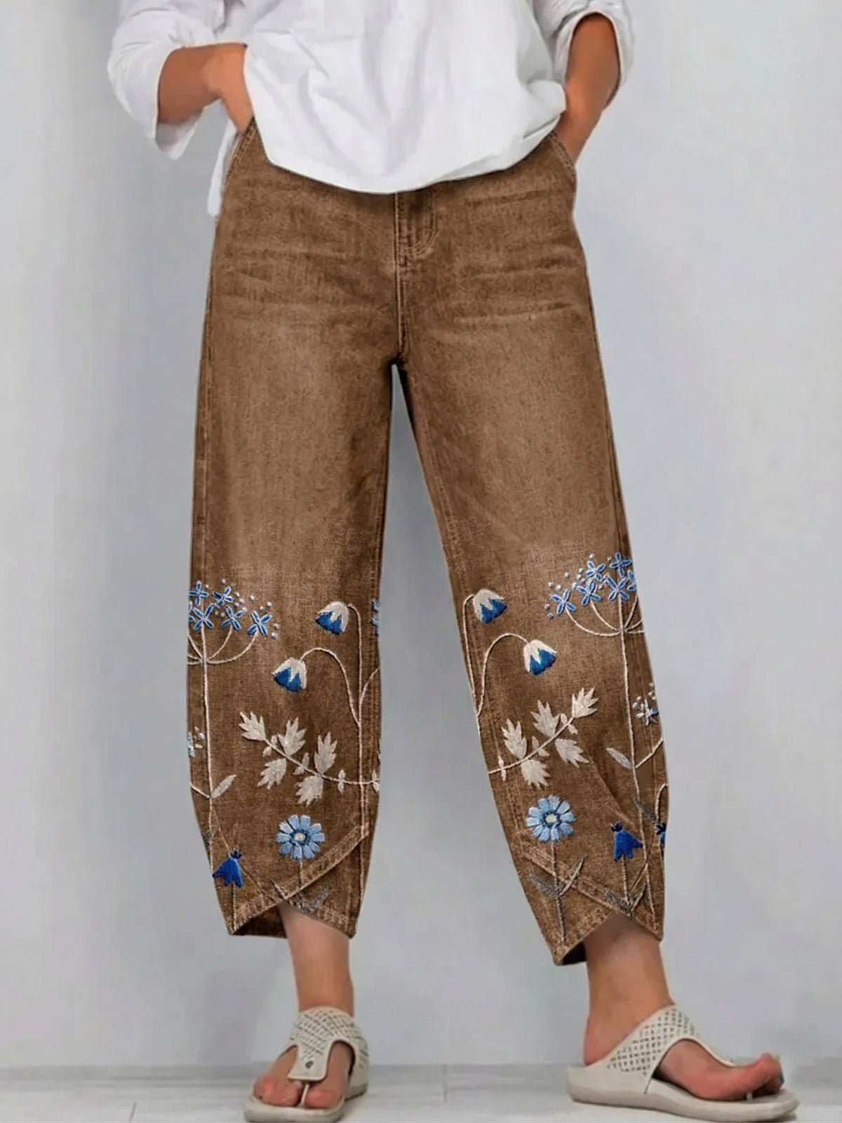 Pantalon Denim Femme Broderies Florales Bas Jambe Coupe Droite Boho
