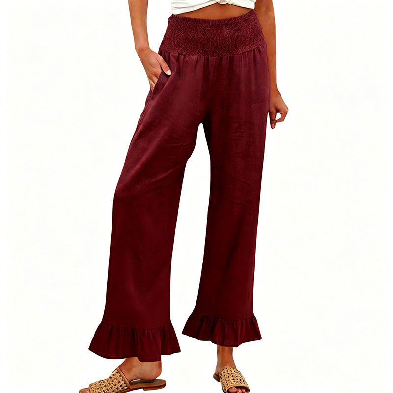 Pantalon Large Femme Taille Smock Coton Lin Volant Bas Boho