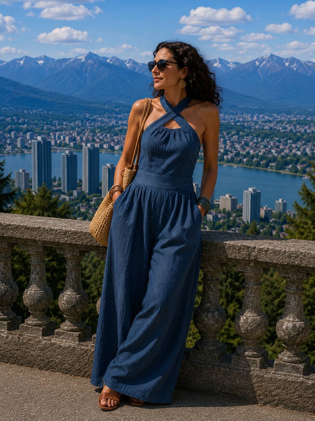 Combinaison Femme Fluide à Corsage Croisé et Jambes Larges Élégantes