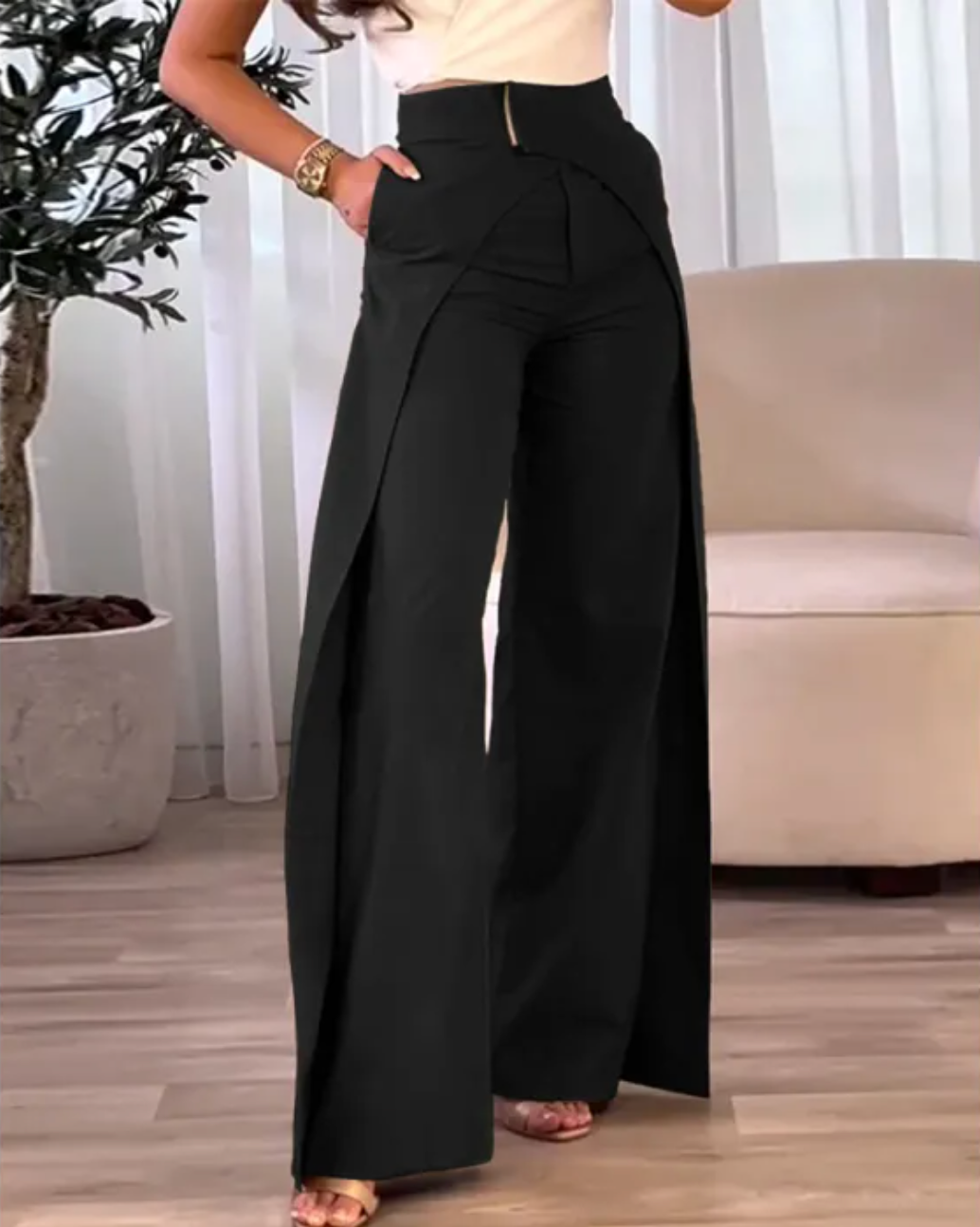 Pantalon Femme Taille Haute Fluide avec Fente Élégante
