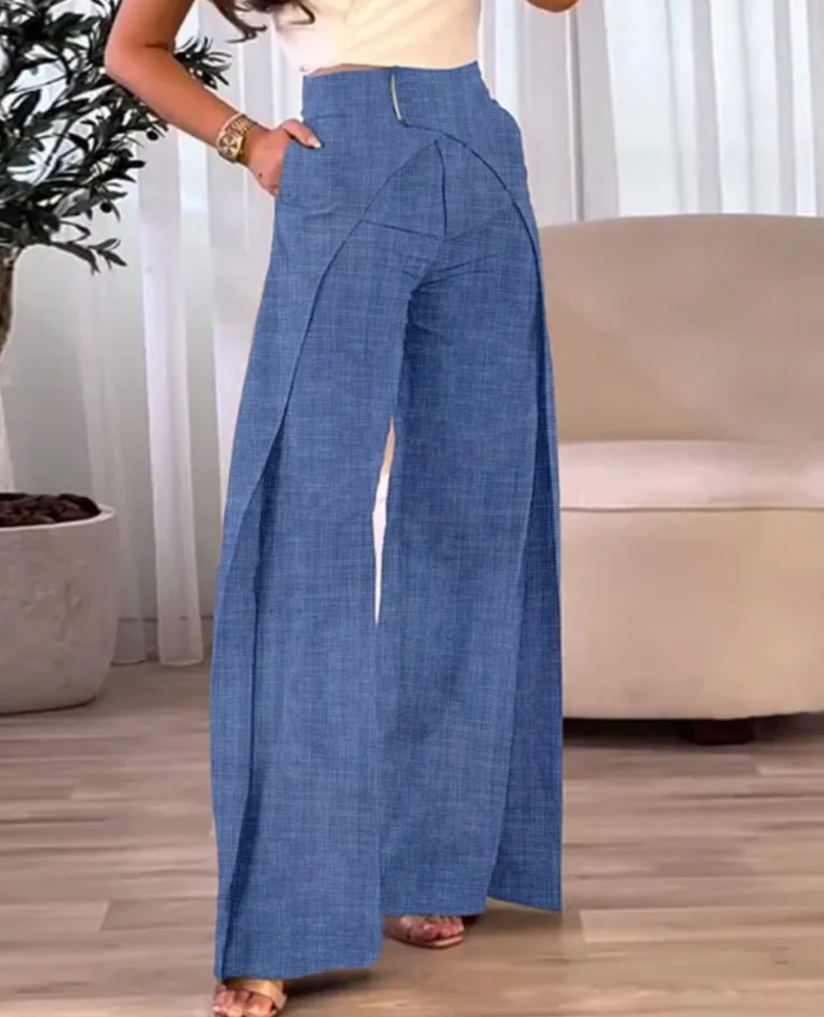 Pantalon Femme Taille Haute Fluide avec Fente Élégante