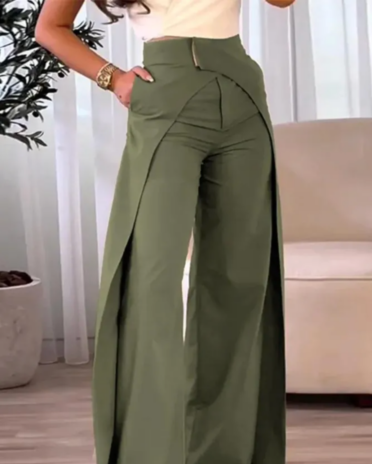 Pantalon Femme Taille Haute Fluide avec Fente Élégante