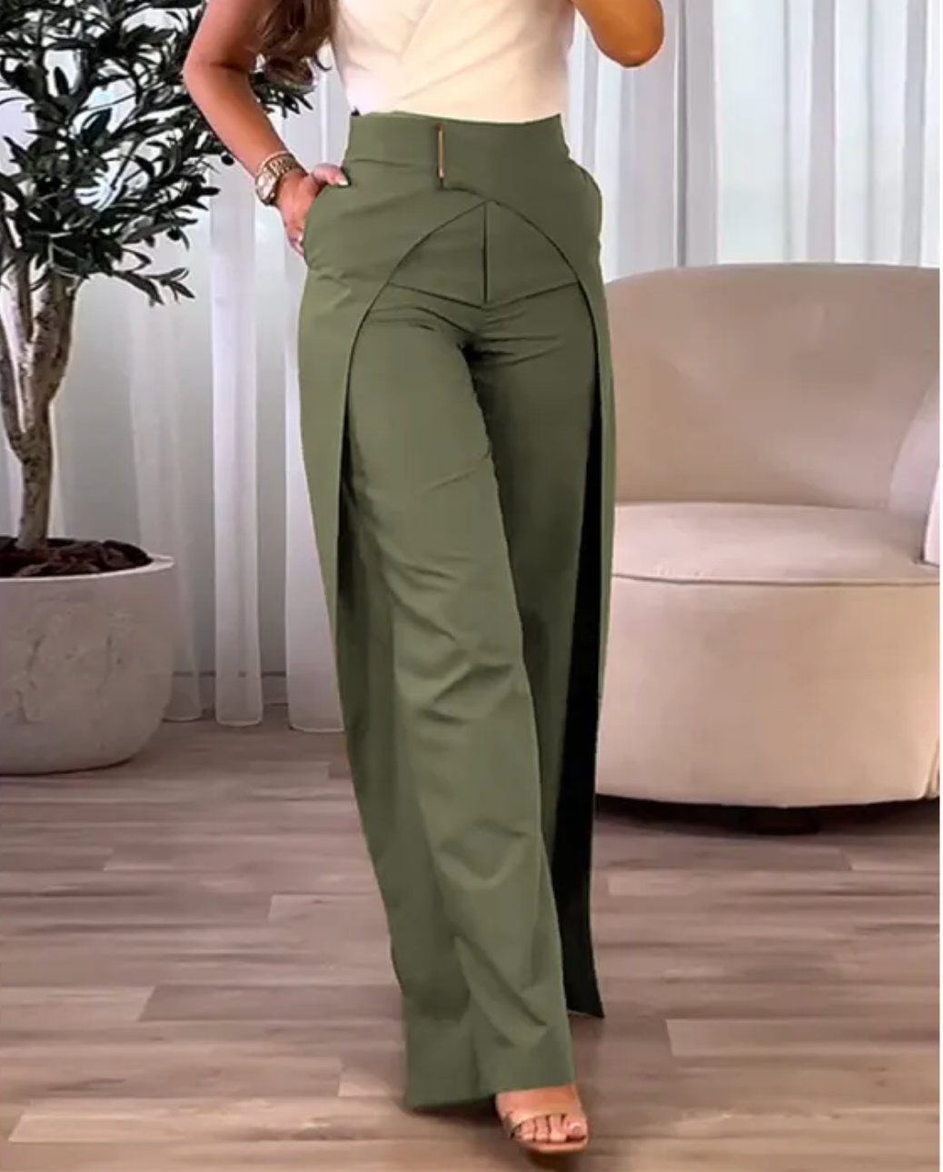 Pantalon Femme Taille Haute Fluide avec Fente Élégante
