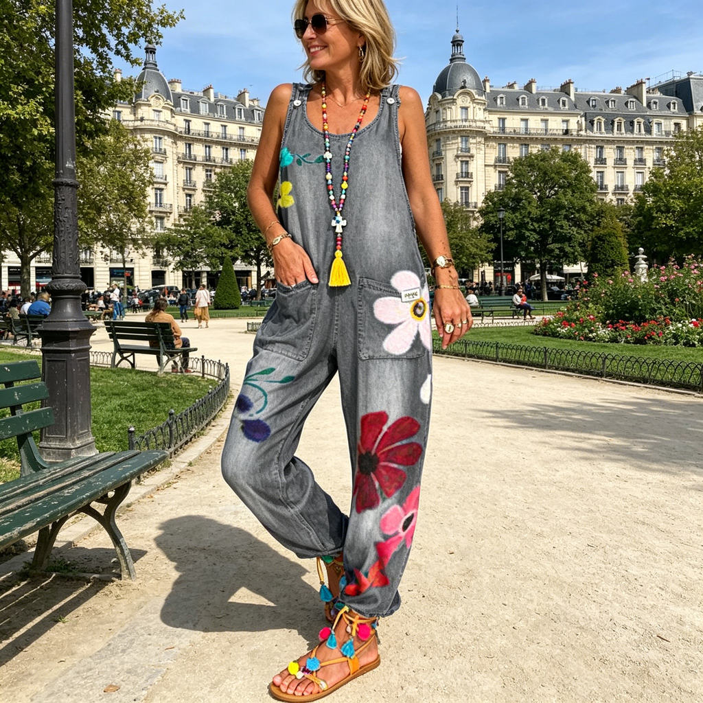 Salopette femme ample en denim à imprimé floral bohème
