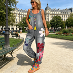 Salopette femme ample en denim à imprimé floral bohème