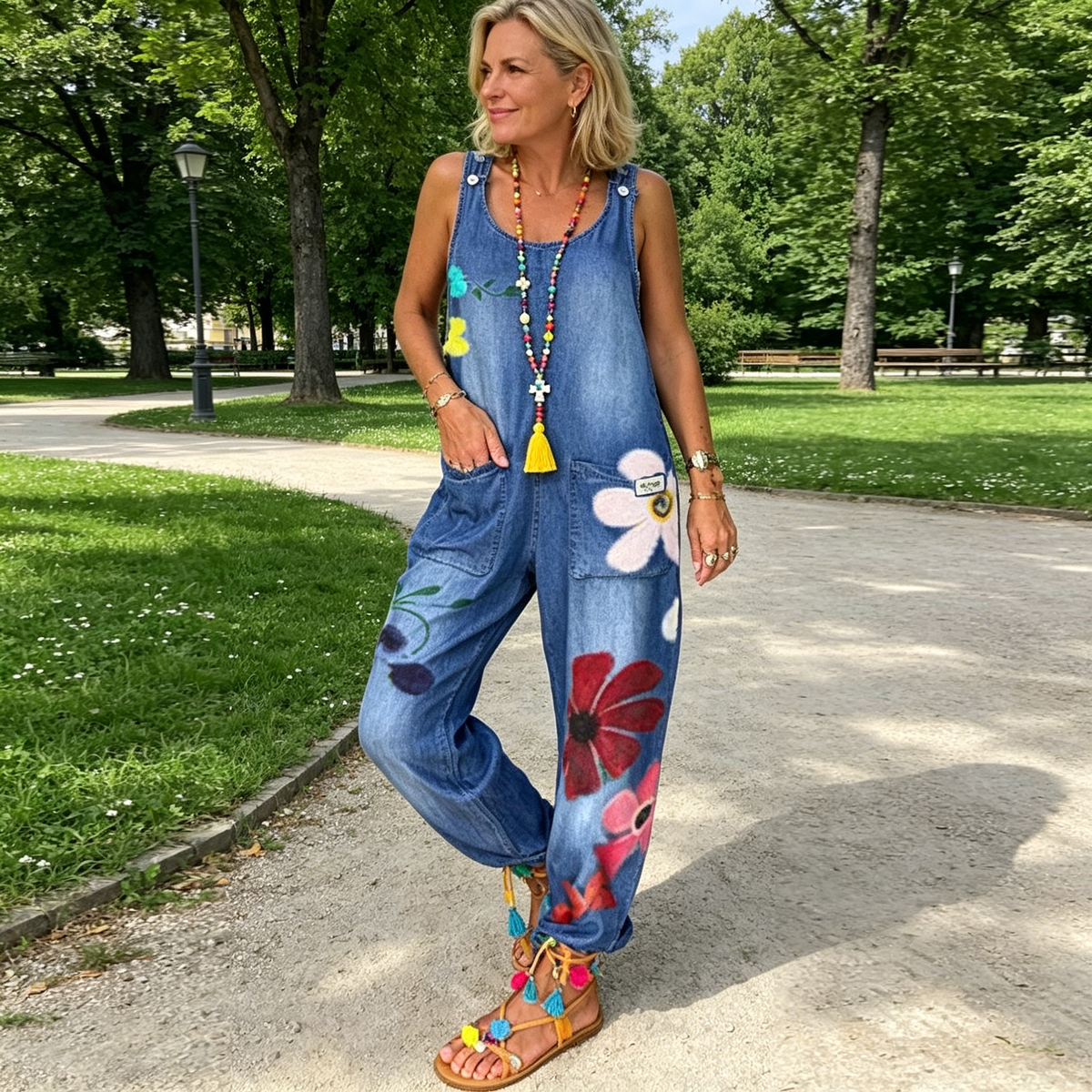 Salopette femme ample en denim à imprimé floral bohème