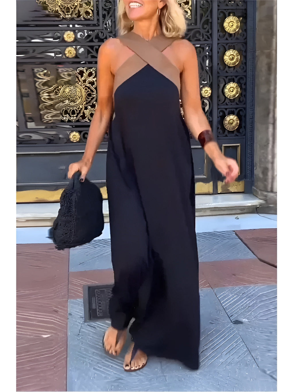 Combinaison femme longue à col croisé et jambes larges fluide