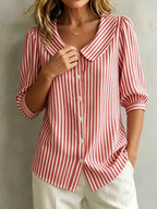 Blouse Femme Rayures Col Claudine Boutons Manches 3/4 Bouffantes