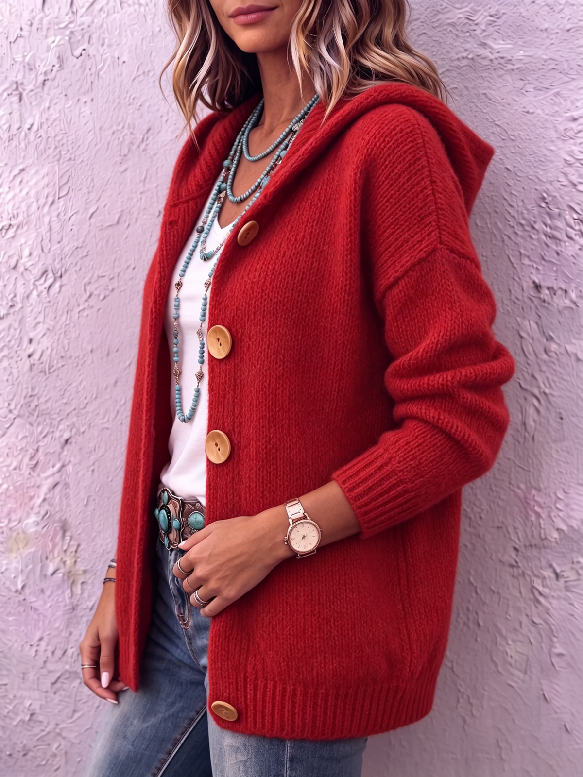 Cardigan femme en maille à capuche boutonné